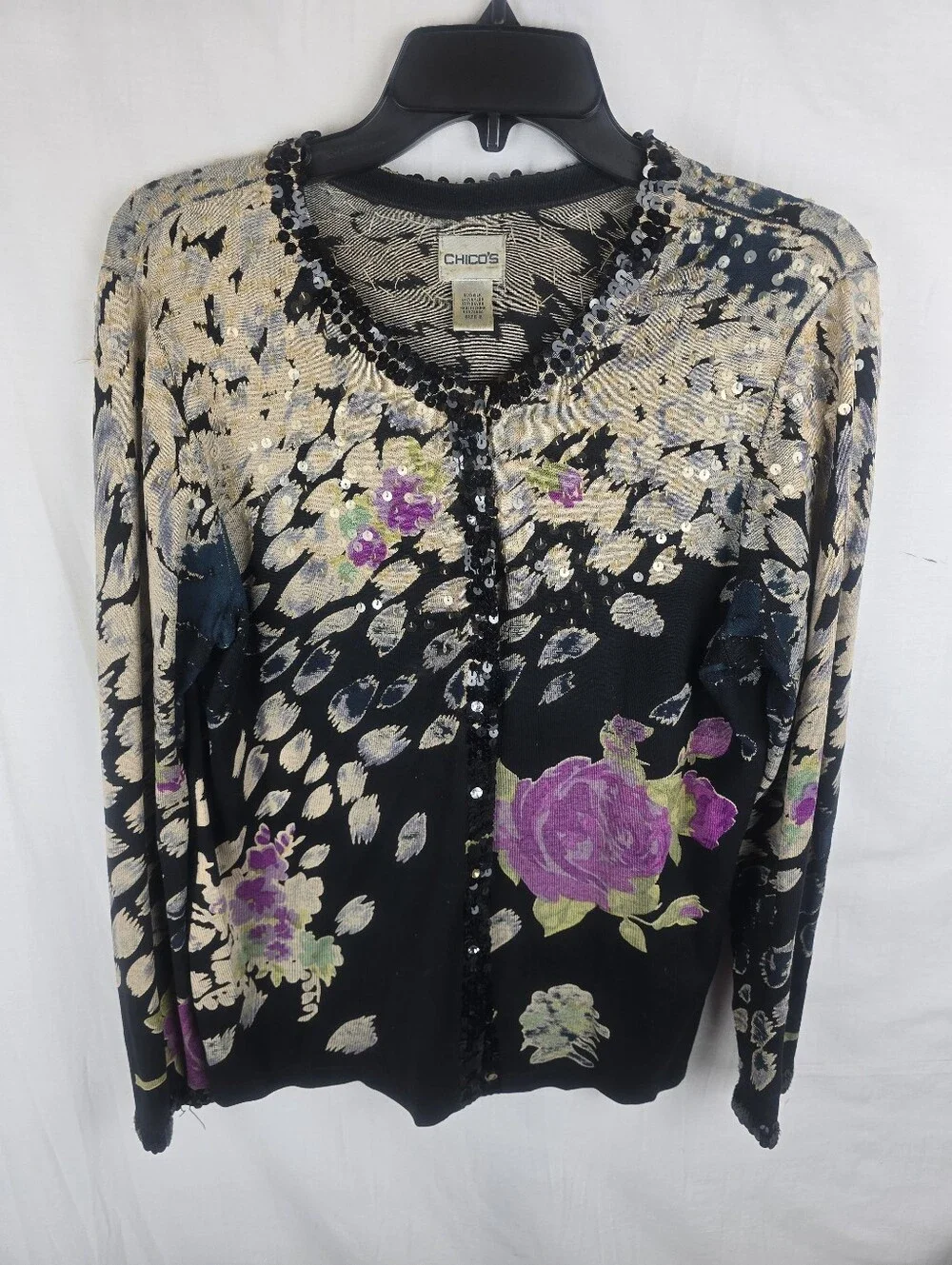 Chico's Black Floral Sequin Silk Blend Cardigan with Purple Roses Sz Chico's 2/L